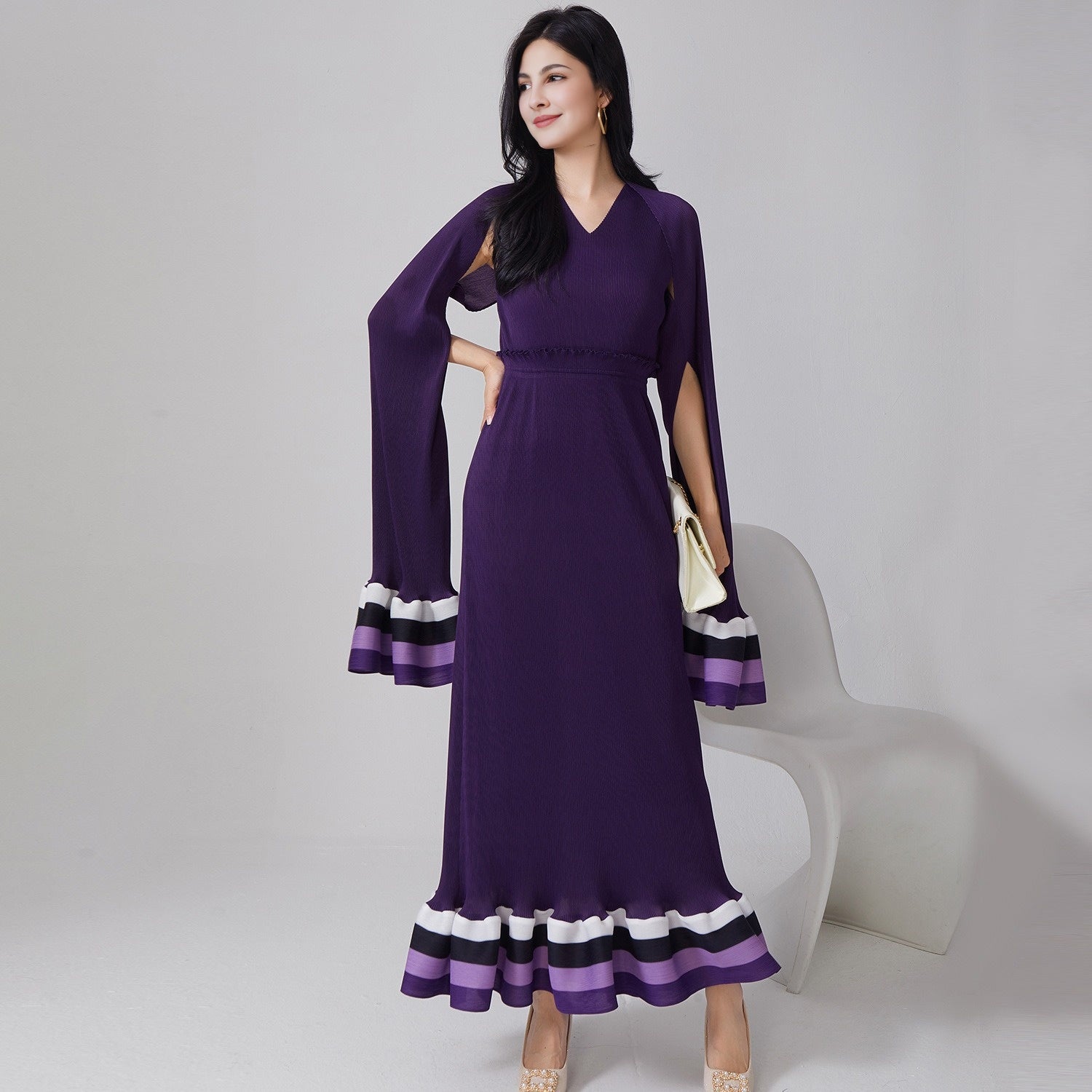 Spring and summer high-end irregular flared sleeves cinched waist to show off slimming temperament elegant dress long skirt
