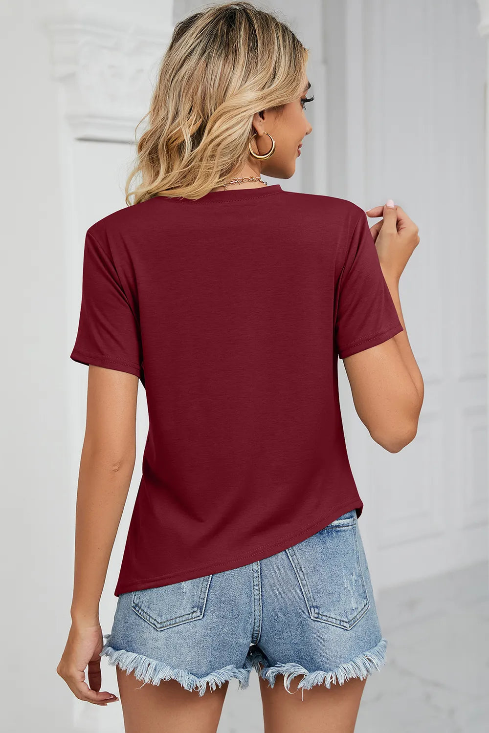 Summer round neck slit irregular pleated women's T-shirt