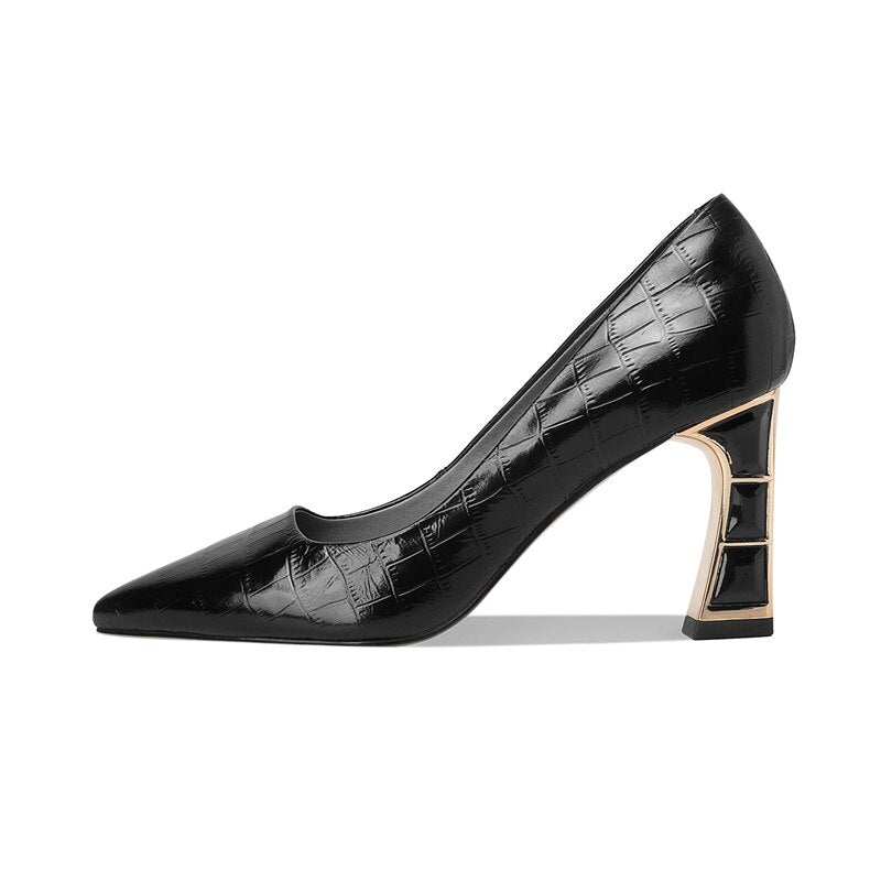 Celebrity High Heels Electroplated Metal Pointed Single Shoes Black Thick Heels Real Leather Shoes Children Summer Women's Shoes Soft Leather