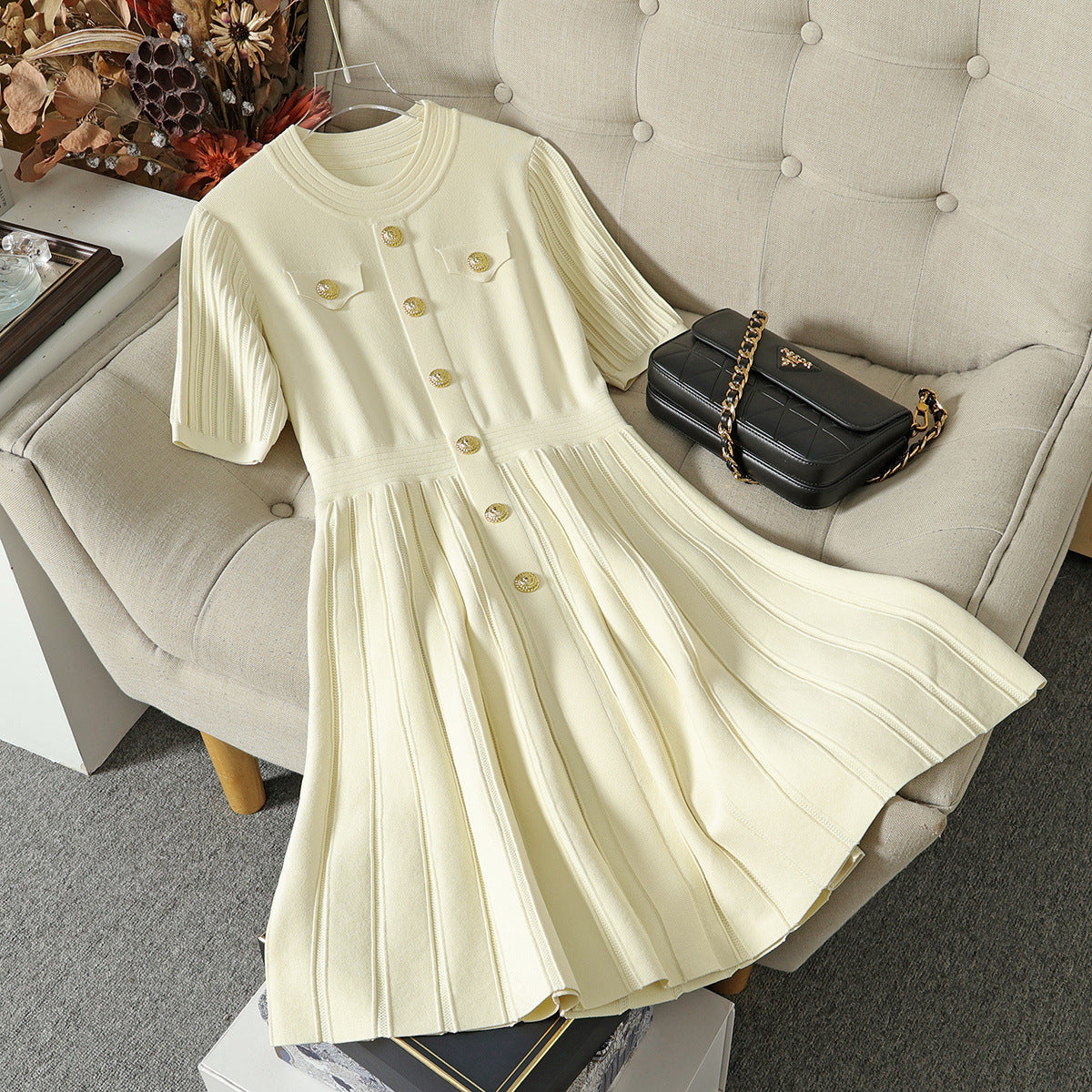 Summer new style small fragrant dress with French temperament niche design pocket curved bead knitted skirt