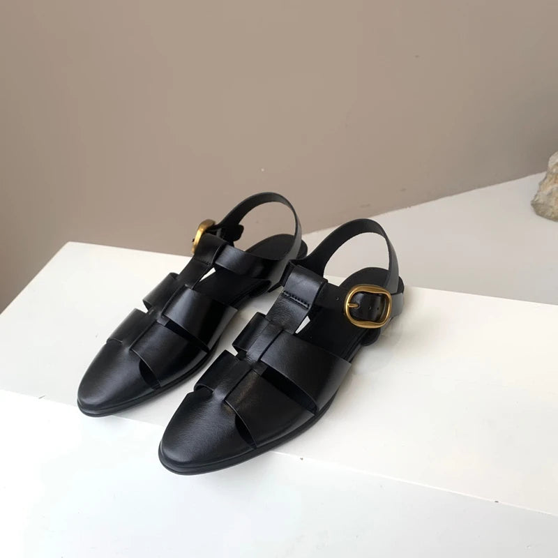 Genuine Leather Comfortable Pointed Toe Flat Sandals Women Fashion Ladies Summer Retro Hollow Roman Sandals