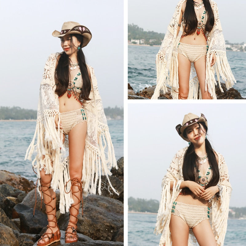 Light Fringed Shawl With Tassels Summer Sun Protection Beach Vacation Hollowed Out Lace Sun Protection Shirt For Women Medium Length