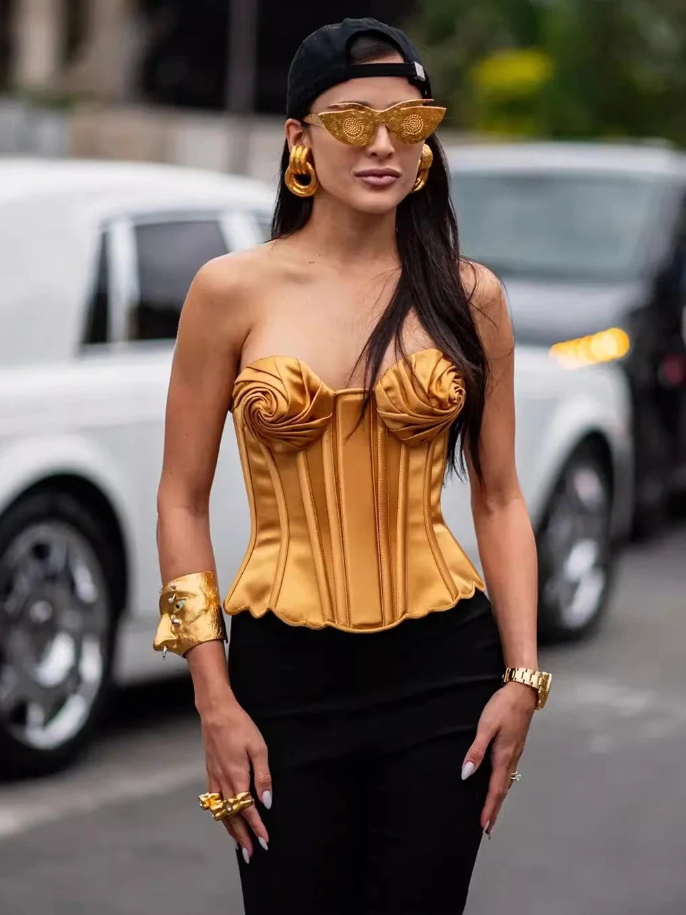 Ruched Design Satin Corset Tight fishbone Top Solid Ladies Strapless Folds Bustier Tank Summer Sexy Tops