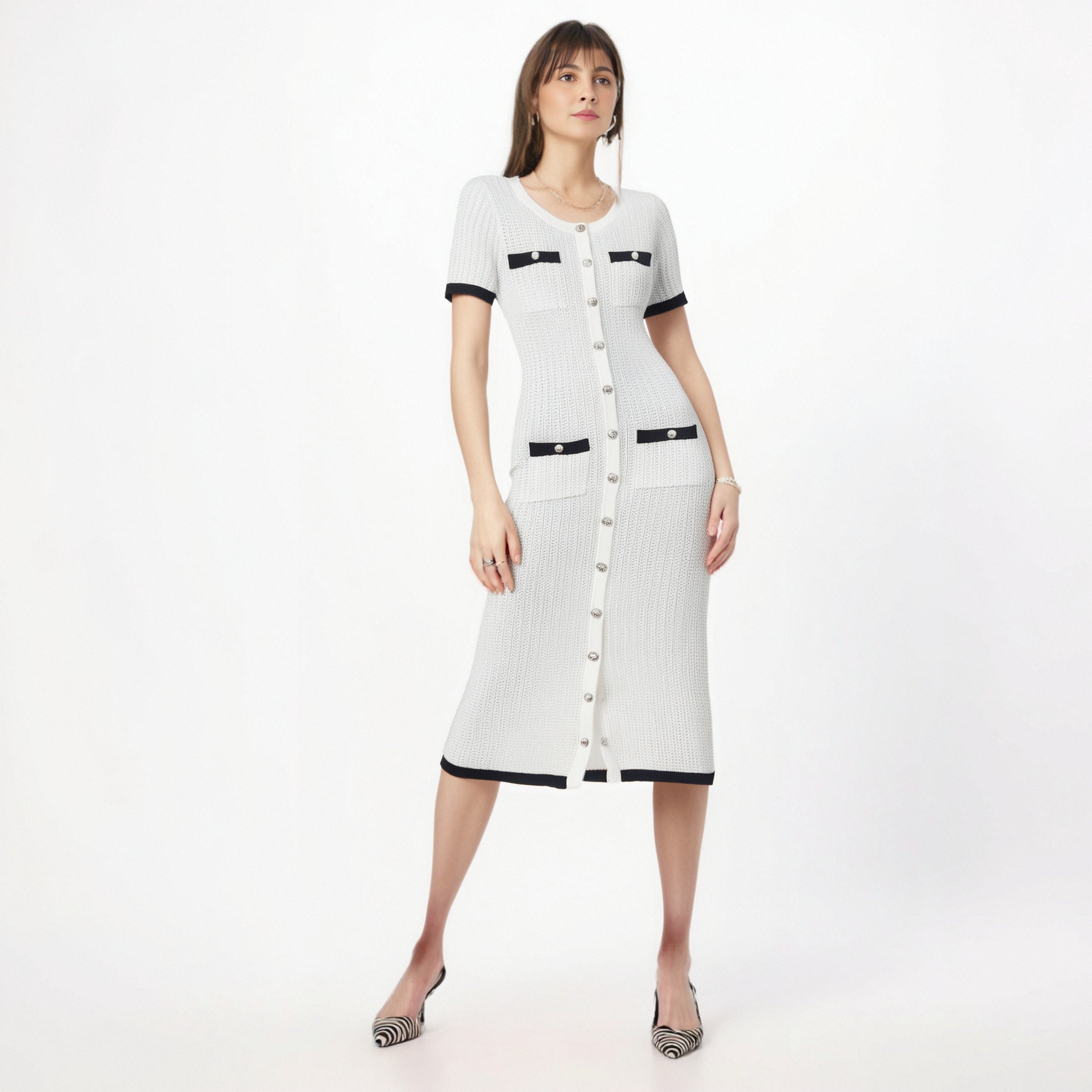 Round neck single breasted stylish dress for summer slim fit and slimming long skirt