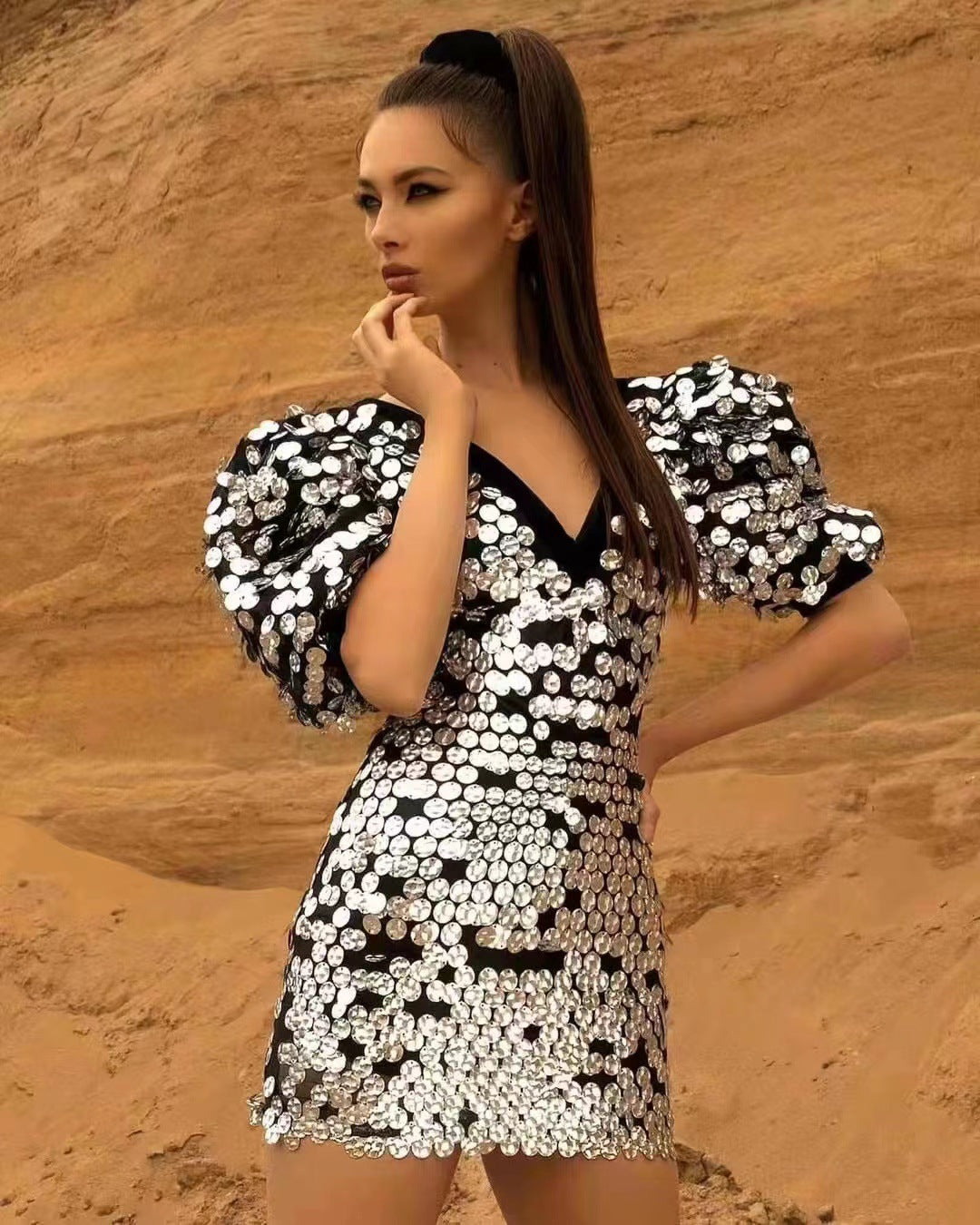 Sliver Sequins Mini Dress Women Short Sleeve V Neck Evening Celebrity Party Dress Summer  New Trendy