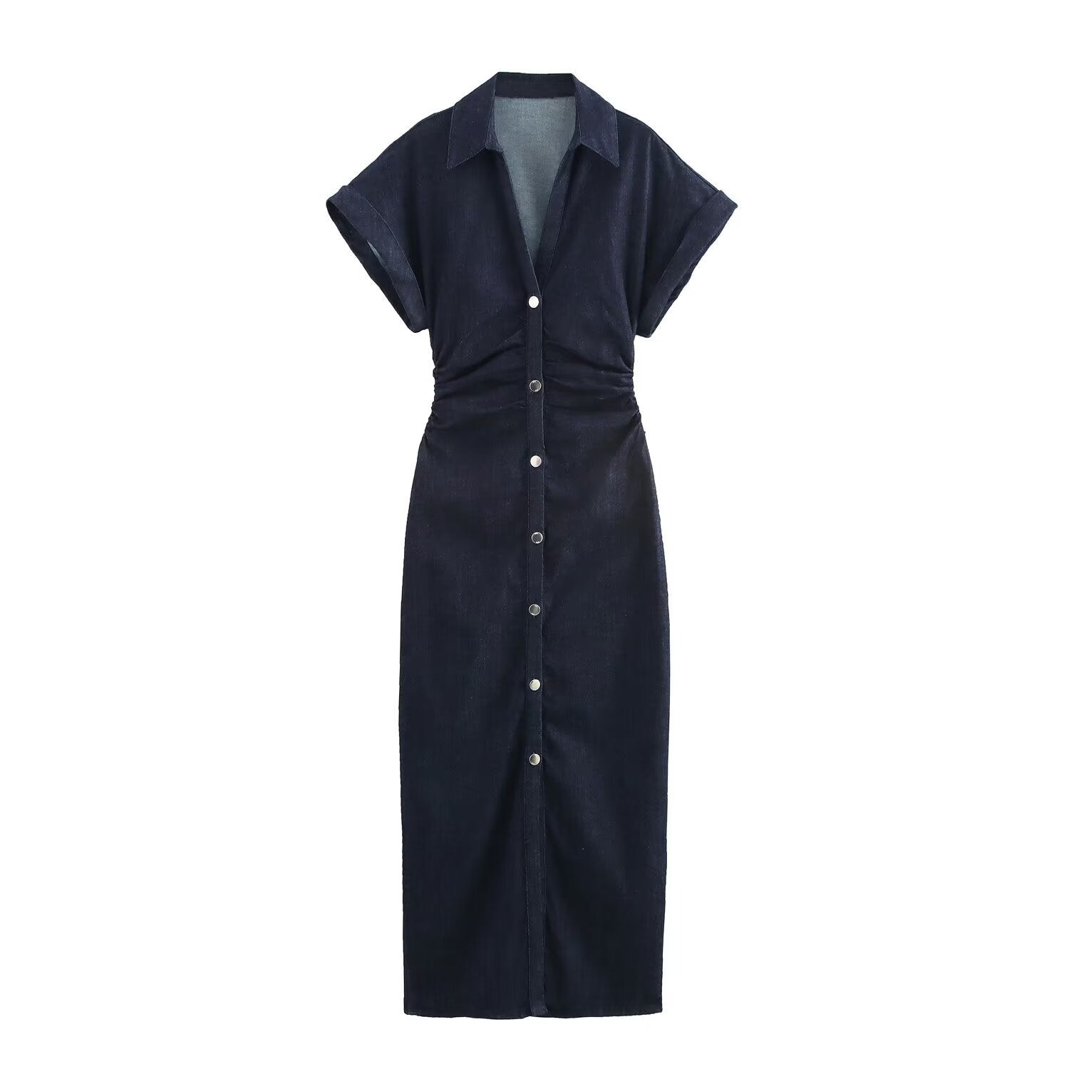 Fashion single breasted lapel short sleeved denim dress for women