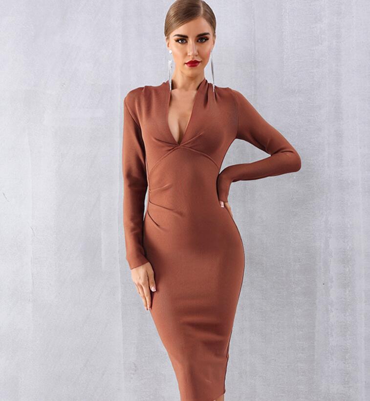 Summer Women Bandage Dress Vestidos Sexy Deep V Long Sleeve Bodycon Club Dress Midi Celebrity Evening Party Dress