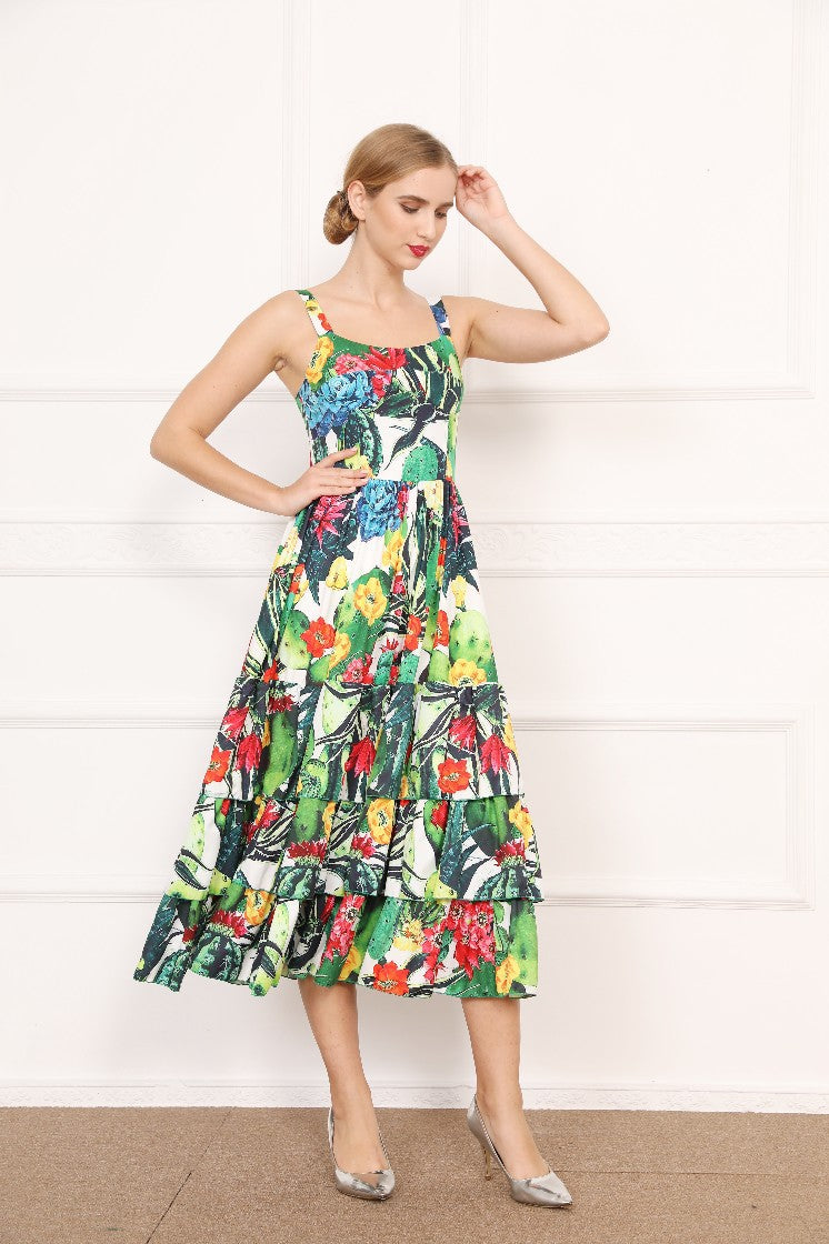 Spring And Summer New Cactus Suspender Dress Cake Cotton Women's Dress