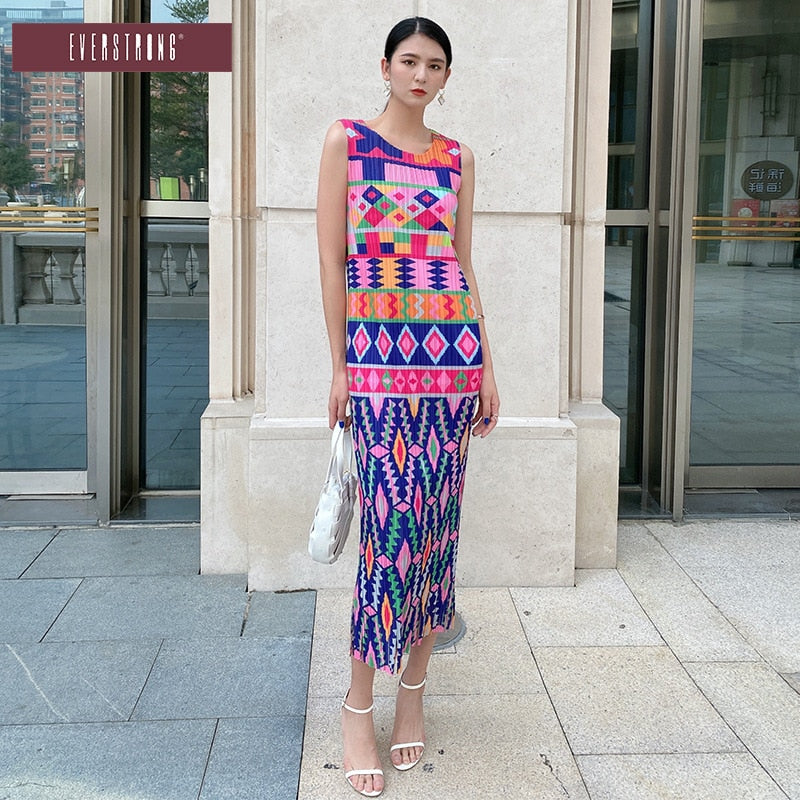 Miyake Pleated Dress Summer Sleeveless Printing Casual Vacation Slim Vest Long Skirt Women
