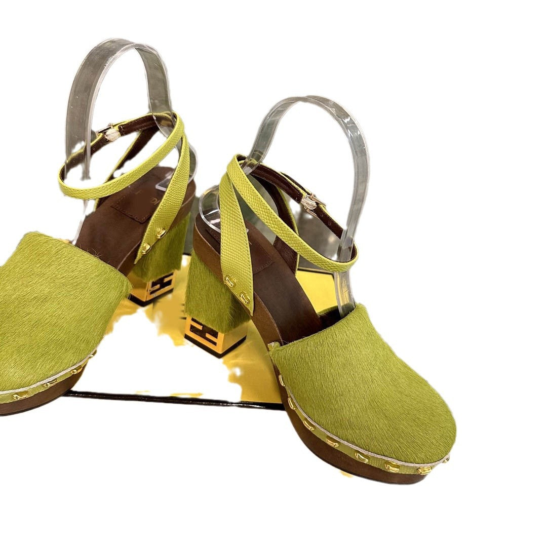 High Quality Round toe Chunky High Heel Sandals Women Platform Thick Sole Real Leather Rome Pumps Summer Fashion Week Fur Shoes