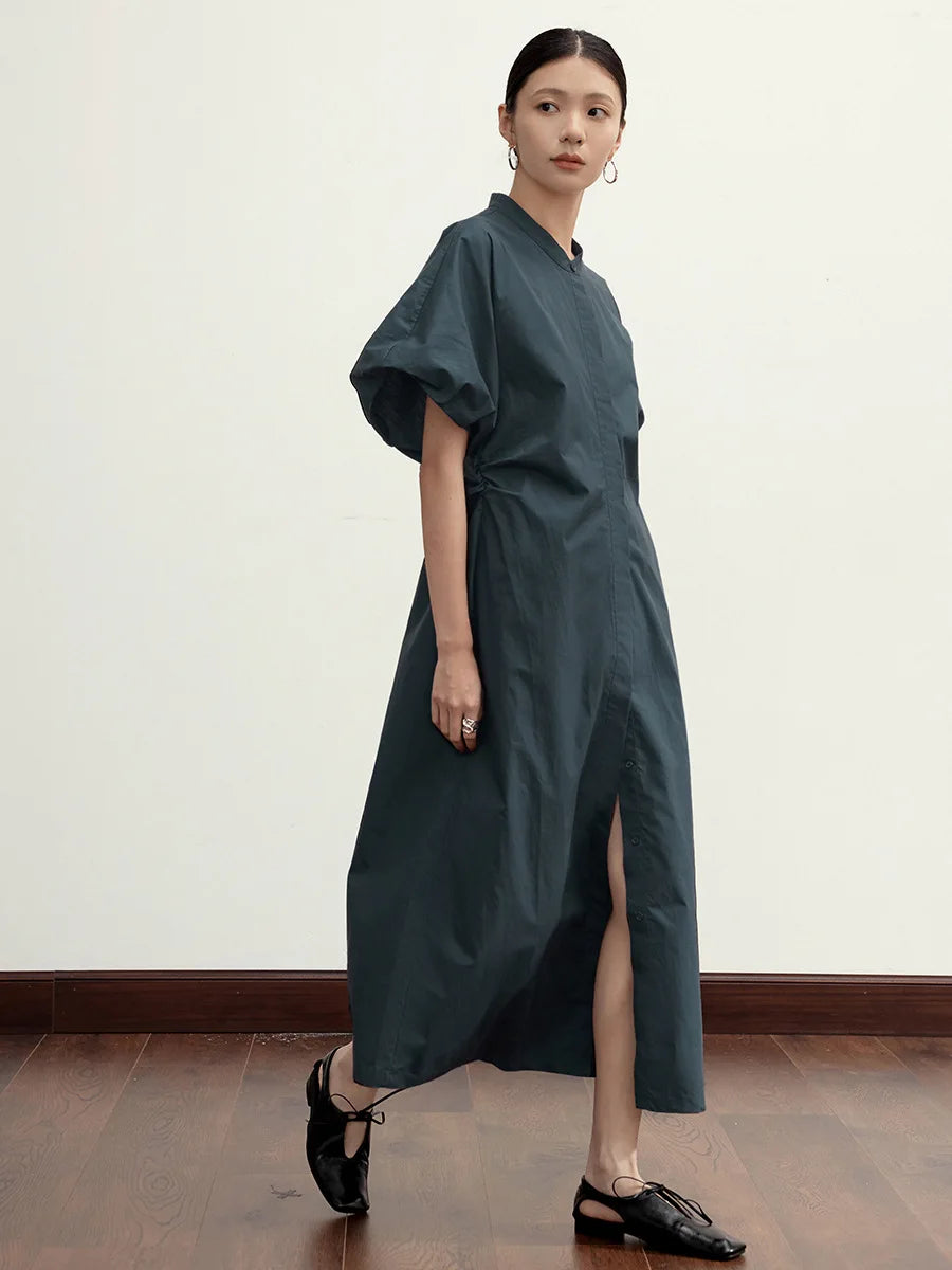 Women Dress Summer All Match Fashion Cotton Puff Sleeve Single Breasted Simple Loose Leisure Long Shirt Dress New