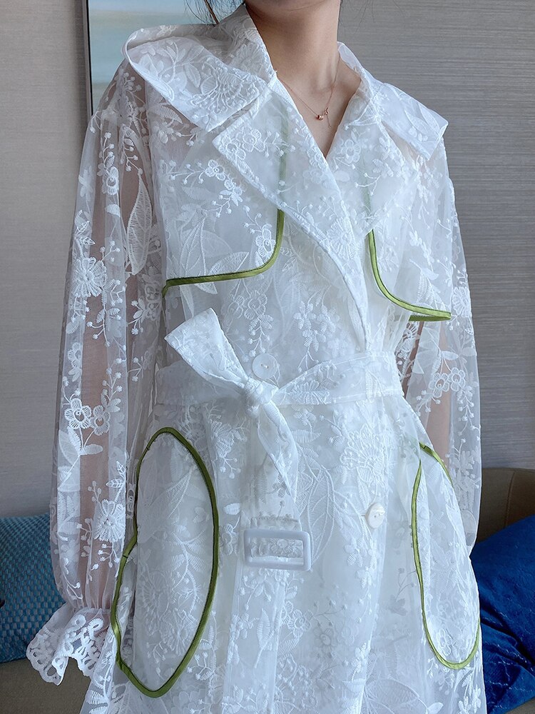 Lace Sun Protection Clothing Windbreaker Summer White Hooded Embroidery Fairy Over-The-Knee Long Coat Women
