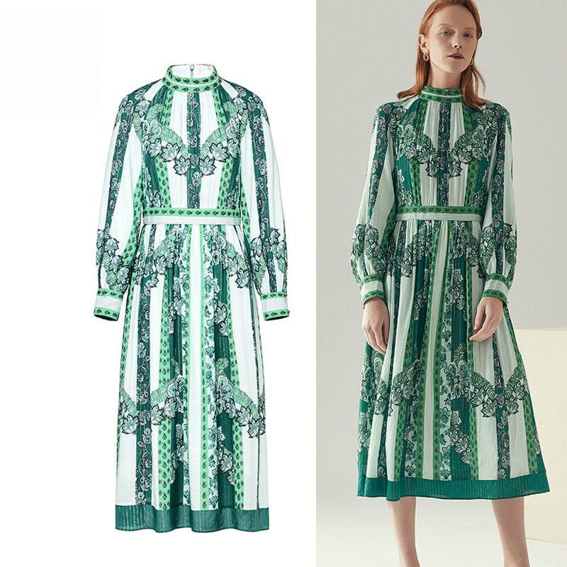 Vintage Printing Office Lady Midi Long Dress Desigern Spring Summer Chic Casual Street Elegant Vestidos Elbise Trendy