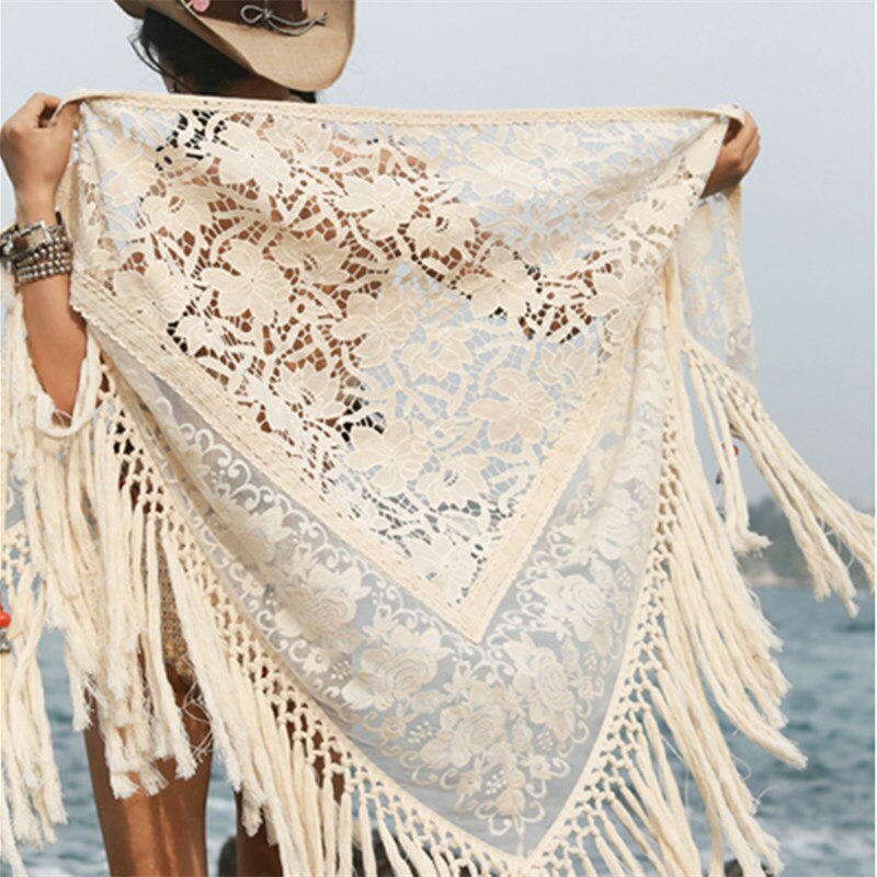 Light Fringed Shawl With Tassels Summer Sun Protection Beach Vacation Hollowed Out Lace Sun Protection Shirt For Women Medium Length
