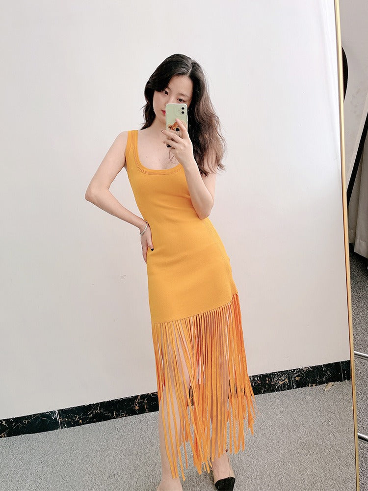Summer New Women's French Tassel Hem Knitted Sleeveless Tank Top Strap Dress