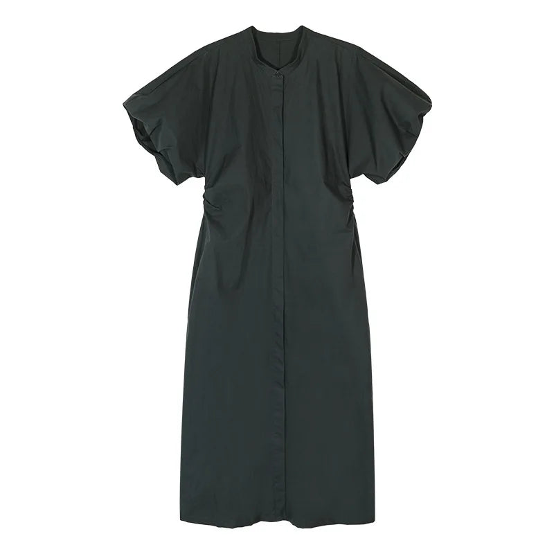 Women Dress Summer All Match Fashion Cotton Puff Sleeve Single Breasted Simple Loose Leisure Long Shirt Dress New