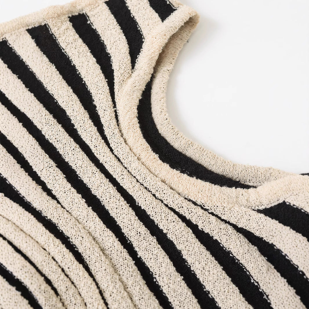 Round neck sleeveless striped contrasting knit dress for women