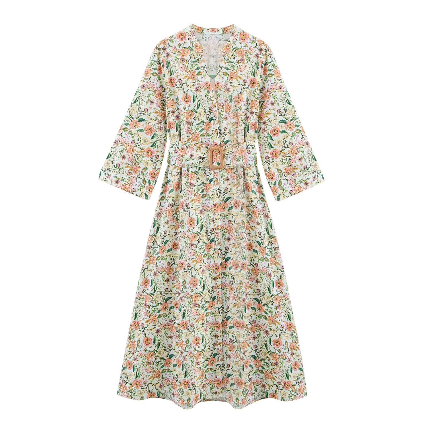 Fashionable and casual V-neck printed MIDI dress for women