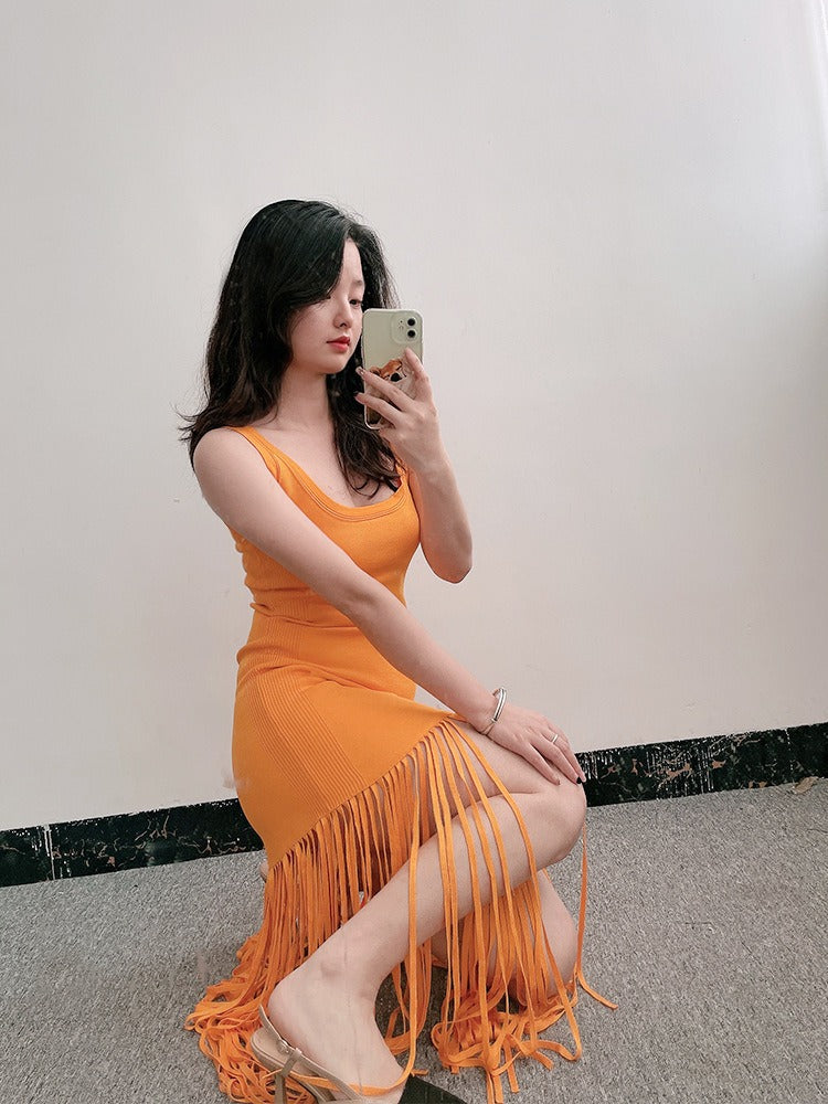Summer New Women's French Tassel Hem Knitted Sleeveless Tank Top Strap Dress