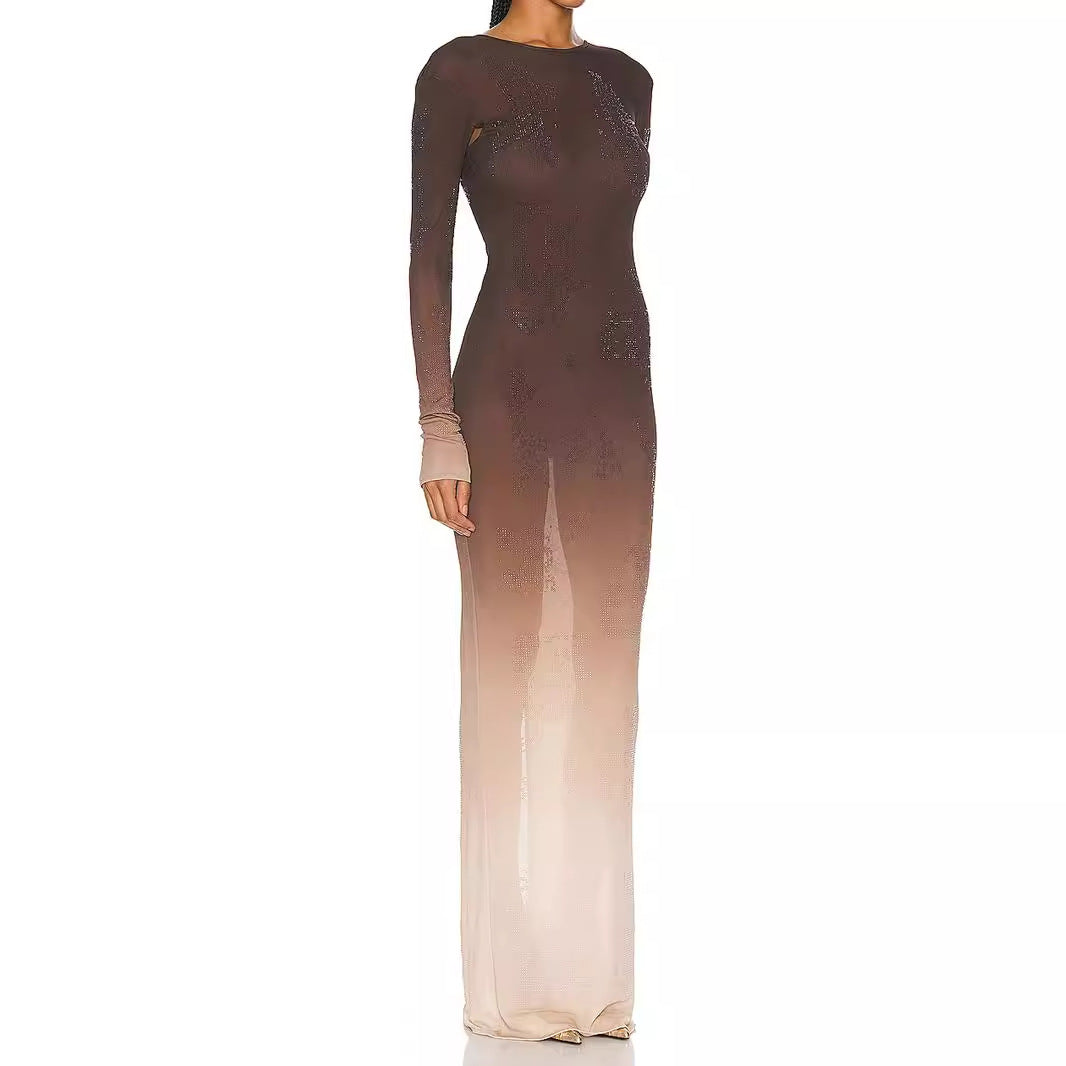 Gradient color rhinestone dress for women's summer, new European and American trend, high-end design, sexy long skirt for ladies