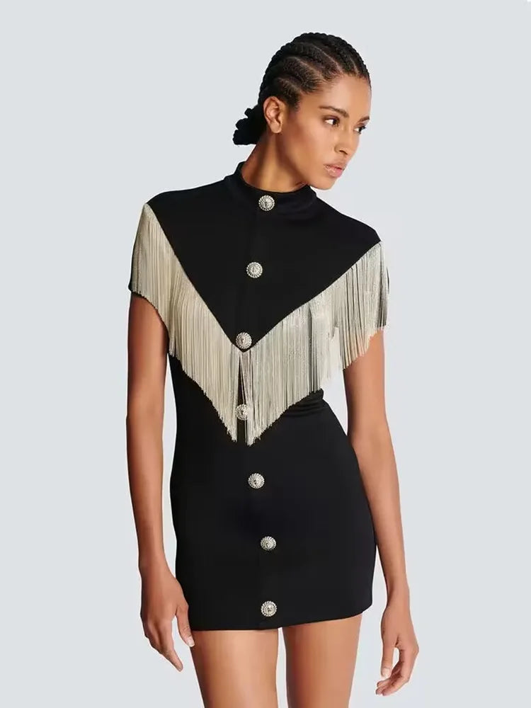 Summer Fashion Women's Black Sexy Button Tassel Short Sleeved O-Neck Decorative Bandage Mini Dress Bodycon Celebrity Dress