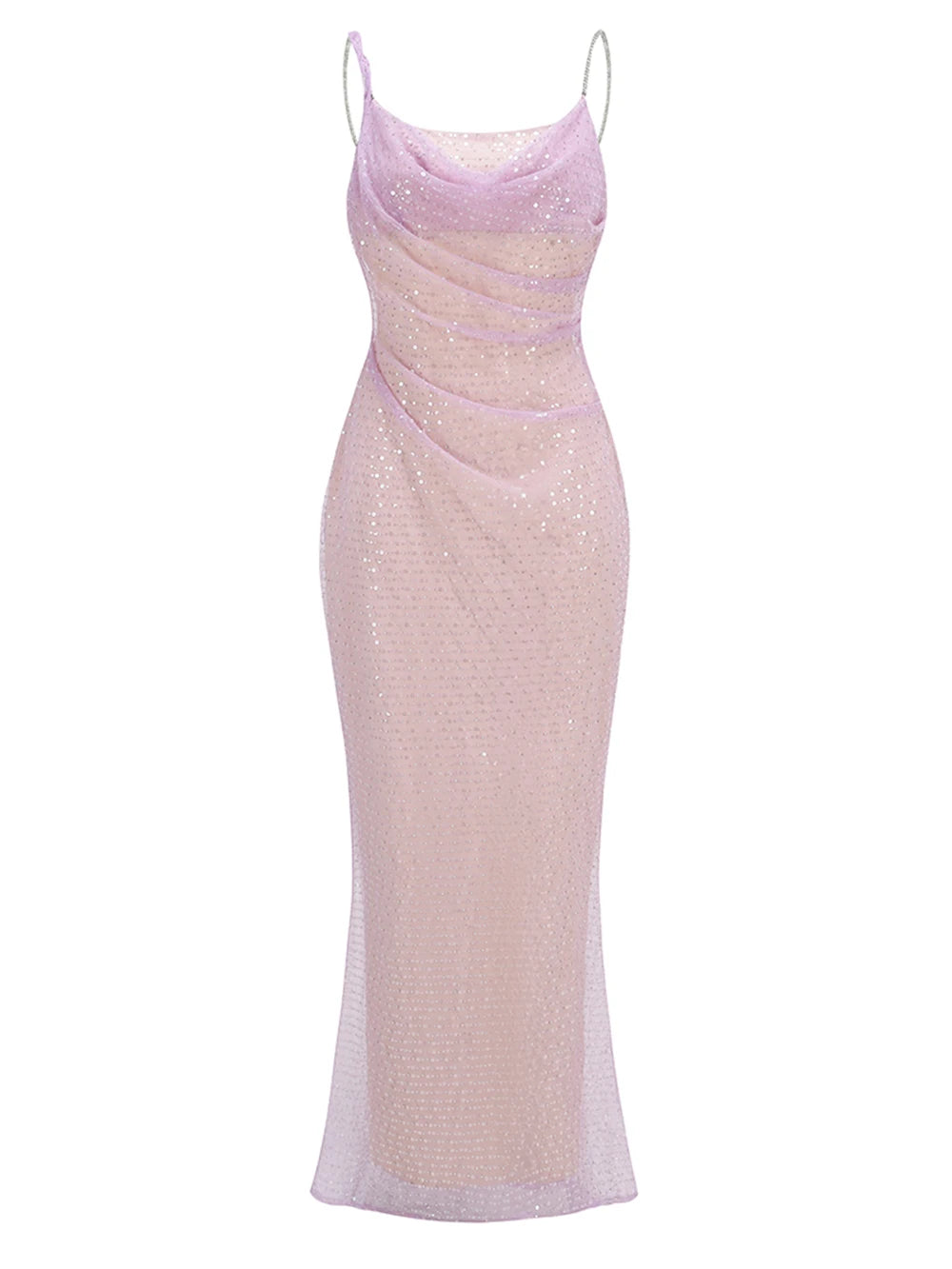 Summer New Chain Strap Sexy Sequins Backless Beaded Mesh Long Dress Slim Fit Celebrity Evening Party Gowns