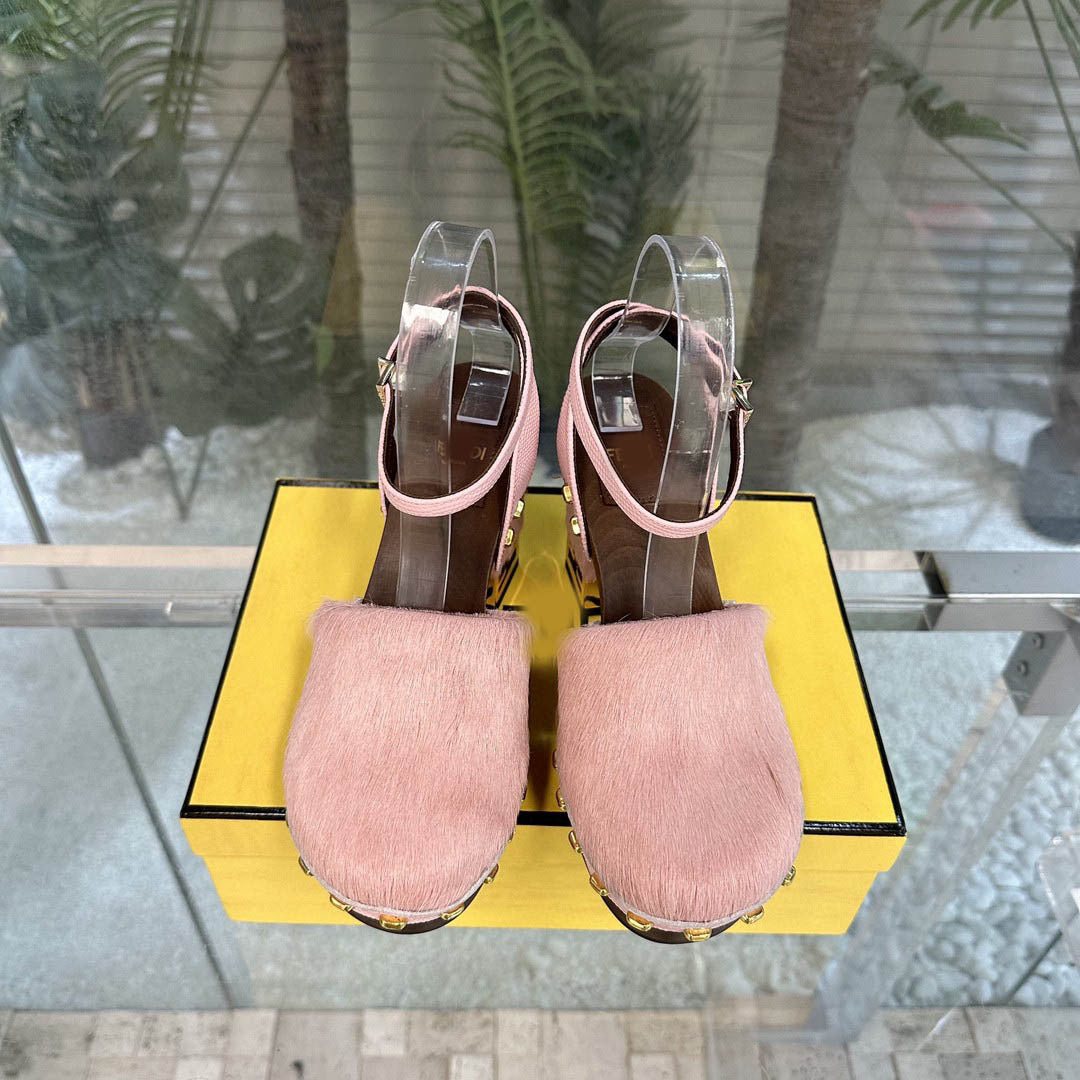 High Quality Round toe Chunky High Heel Sandals Women Platform Thick Sole Real Leather Rome Pumps Summer Fashion Week Fur Shoes