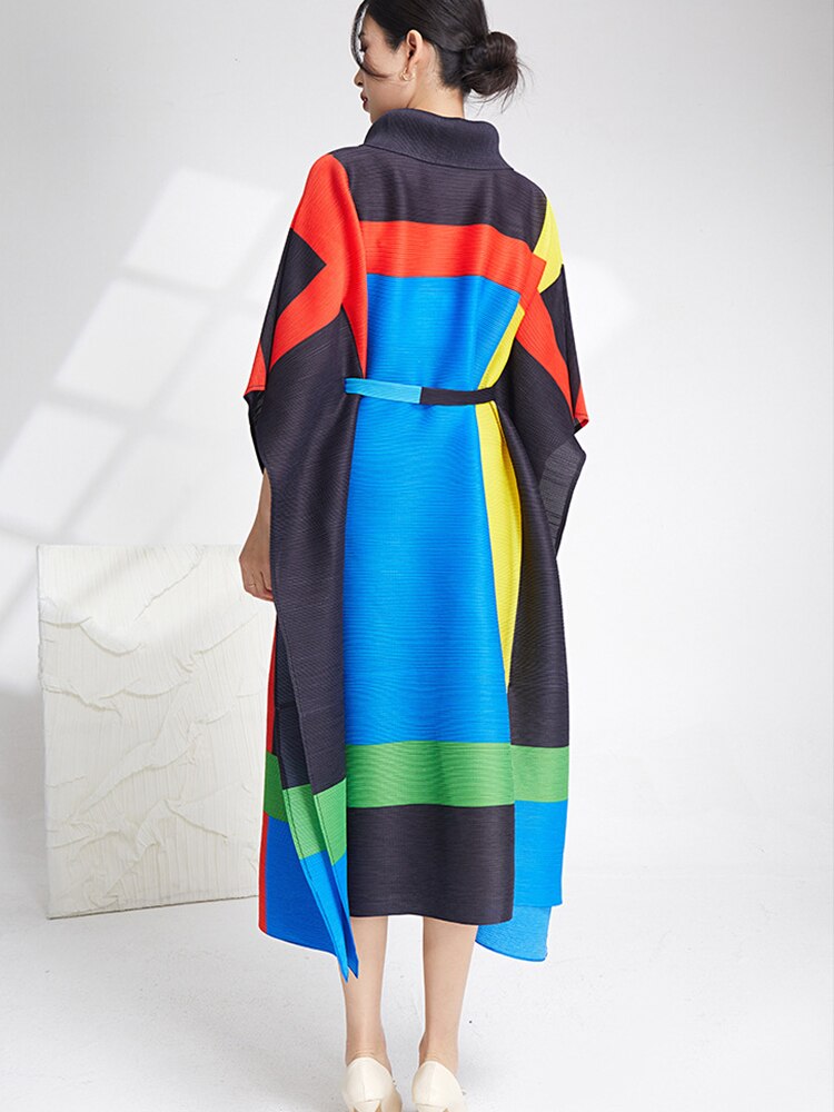 XITAO Fashion Folds Dress Turtleneck Contrast Color Splicing Bat Wing Sleeve Pullover Dress Temperament Summer New SMH1781