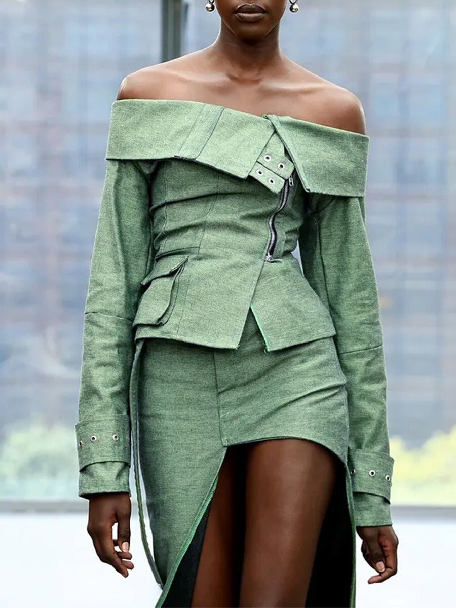 Summer New Style One-shoulder Long-sleeved Zipper Top High Waist High Slit Skirt Suit