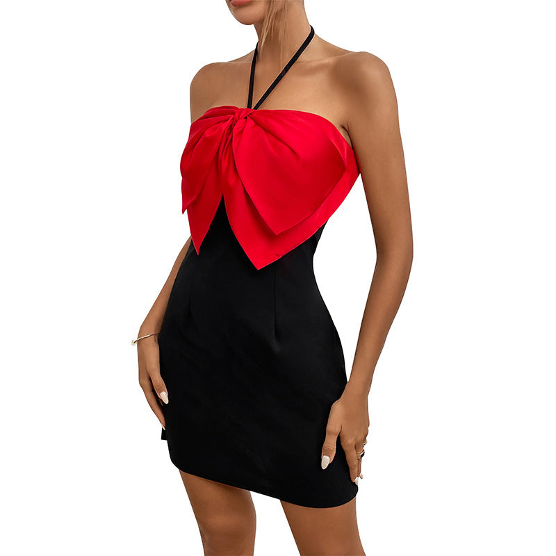 European and American neck hanging skirt with personalized bow and contrasting color dress