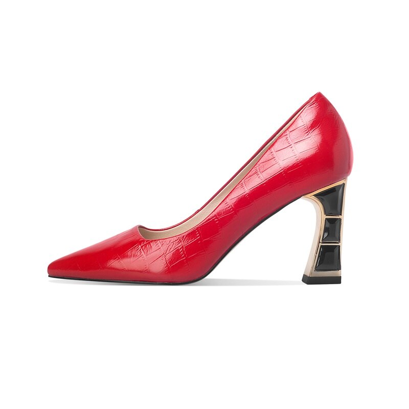 Celebrity High Heels Electroplated Metal Pointed Single Shoes Black Thick Heels Real Leather Shoes Children Summer Women's Shoes Soft Leather