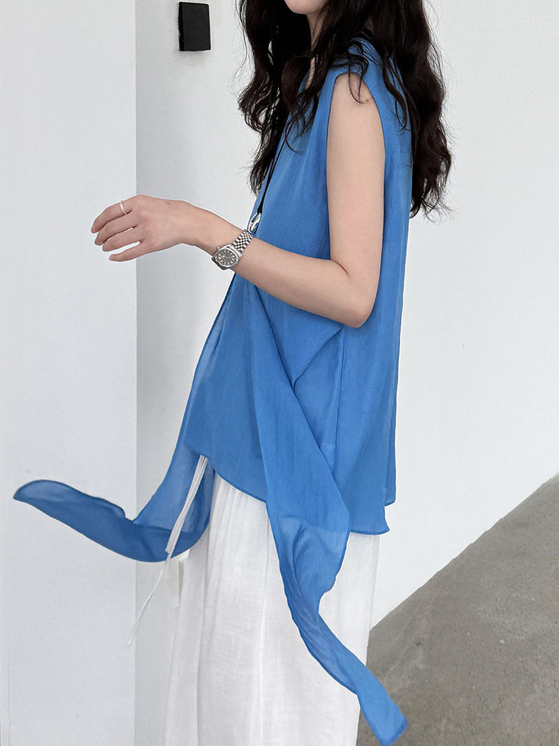 Twisted strap waist cinching short sleeved top for summer versatile and slim looking shirt
