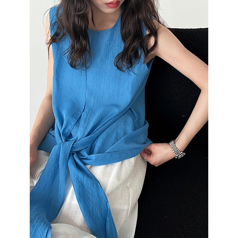 Twisted strap waist cinching short sleeved top for summer versatile and slim looking shirt