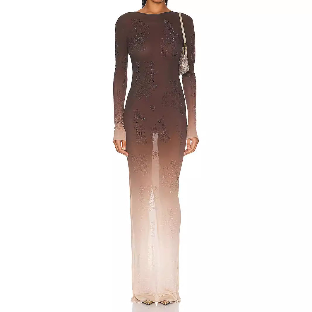 Gradient color rhinestone dress for women's summer, new European and American trend, high-end design, sexy long skirt for ladies