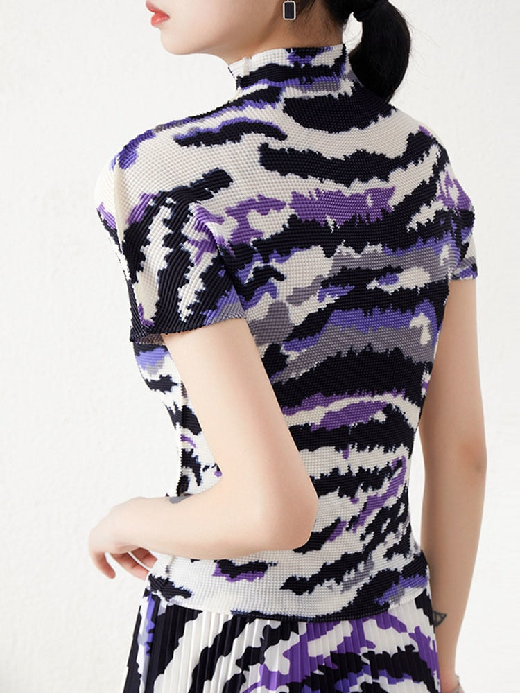 Printing Pleated Set Women Summer Elastic Slimming Stand Collar Short Sleeve T-shirt Top Long Skirt