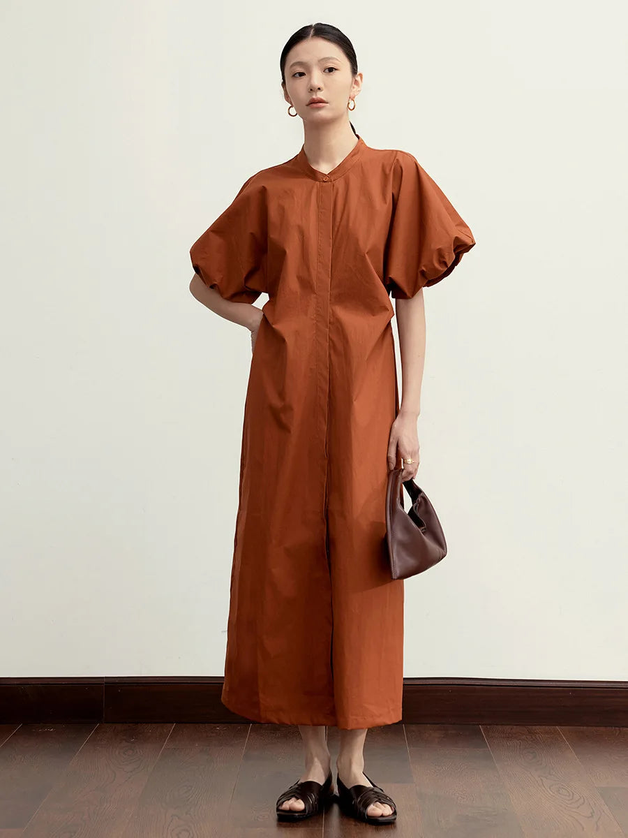 Women Dress Summer All Match Fashion Cotton Puff Sleeve Single Breasted Simple Loose Leisure Long Shirt Dress New