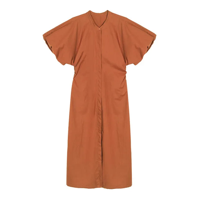 Women Dress Summer All Match Fashion Cotton Puff Sleeve Single Breasted Simple Loose Leisure Long Shirt Dress New
