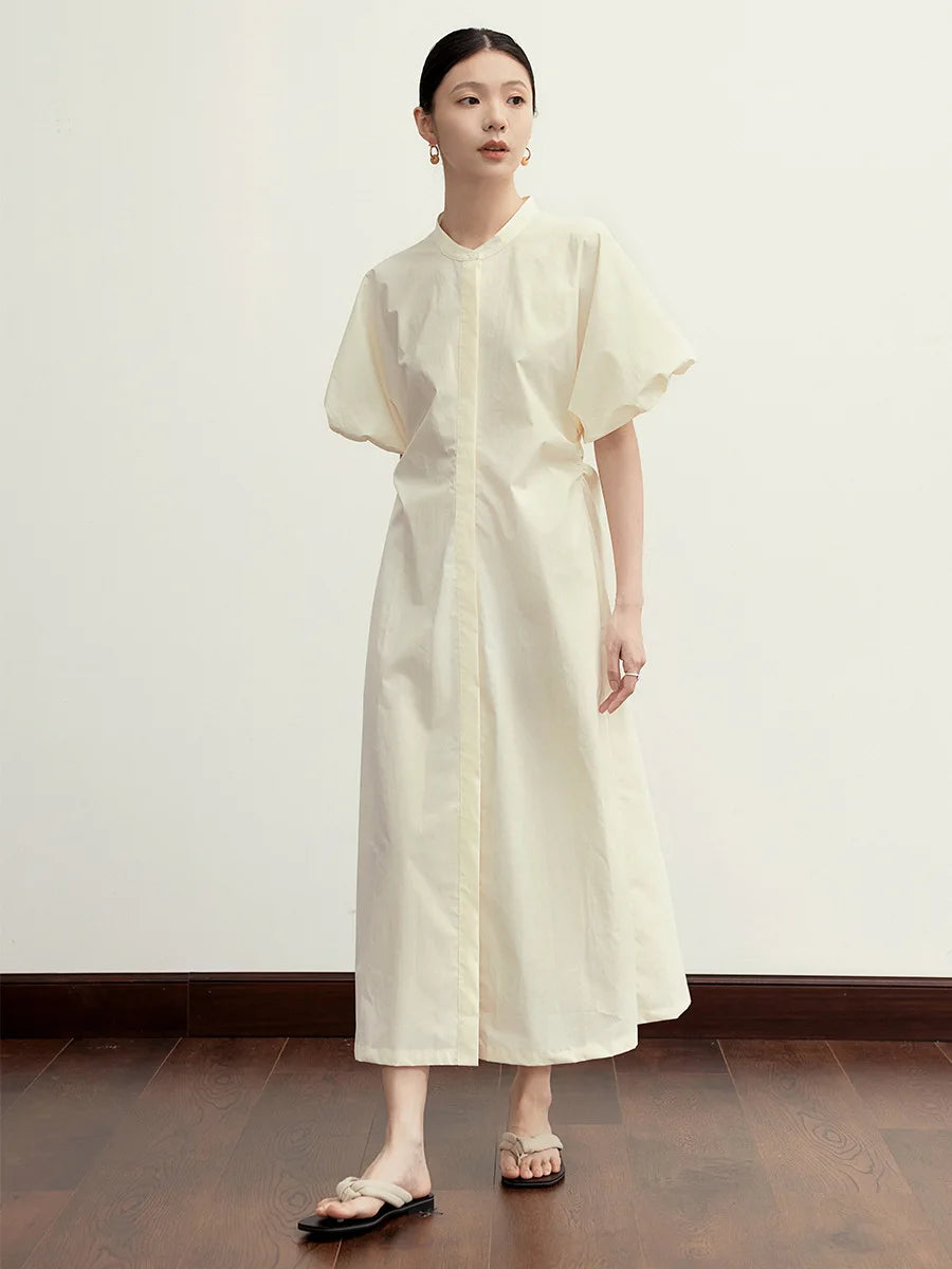 Women Dress Summer All Match Fashion Cotton Puff Sleeve Single Breasted Simple Loose Leisure Long Shirt Dress New