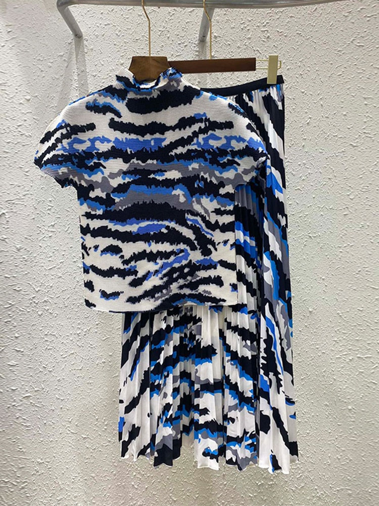 Printing Pleated Set Women Summer Elastic Slimming Stand Collar Short Sleeve T-shirt Top Long Skirt