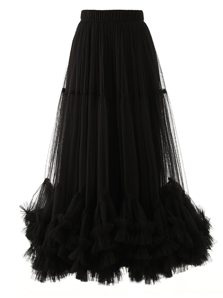 Folds Mesh Skirts For Women High Waist A Line Temperament Summer Elegant Ball Gown Fashion Style Clothing