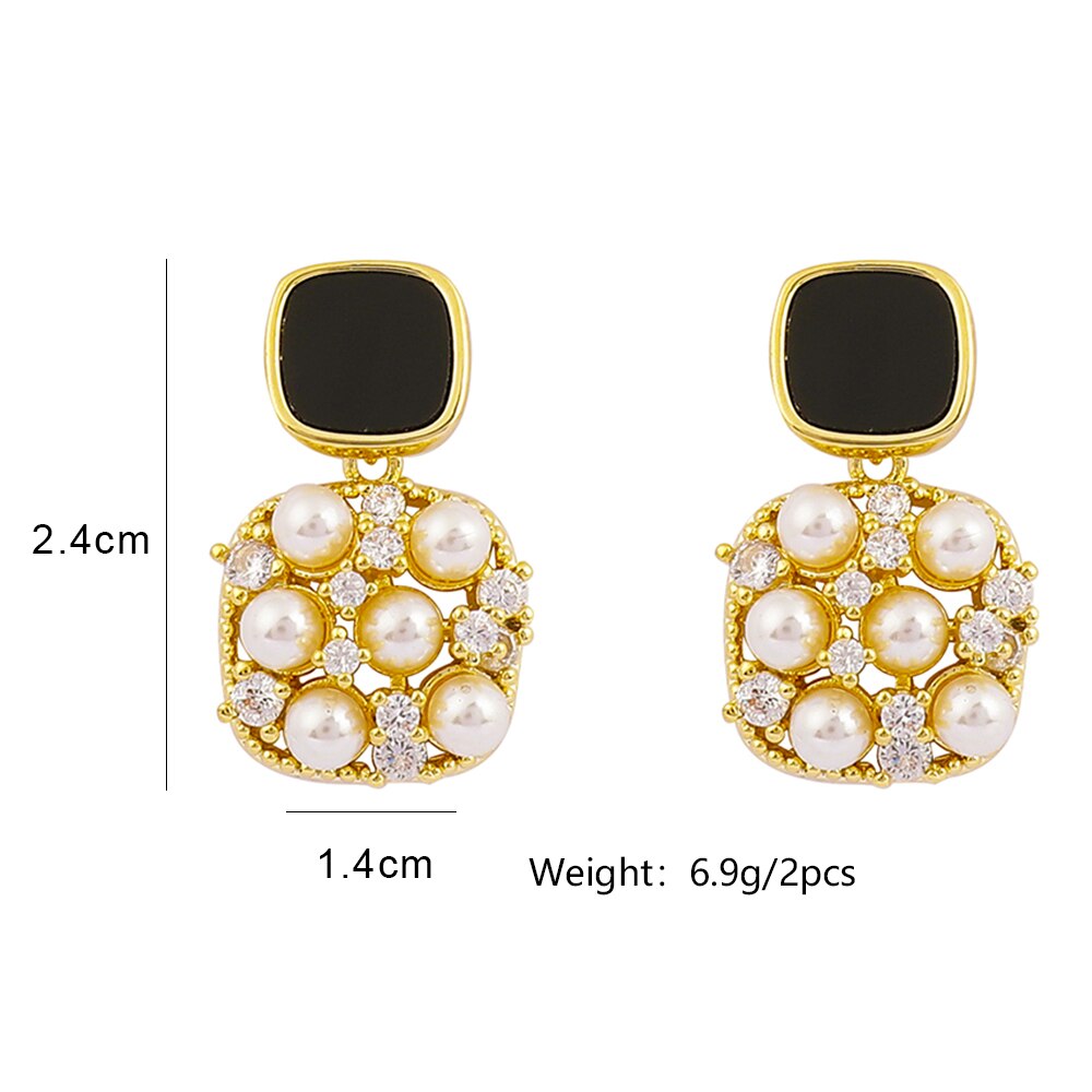 Fashion Black Square Metal Dangle Drop Earrings Luxury Inlaid Pearl Jewelry for Women Summer Party Pendant