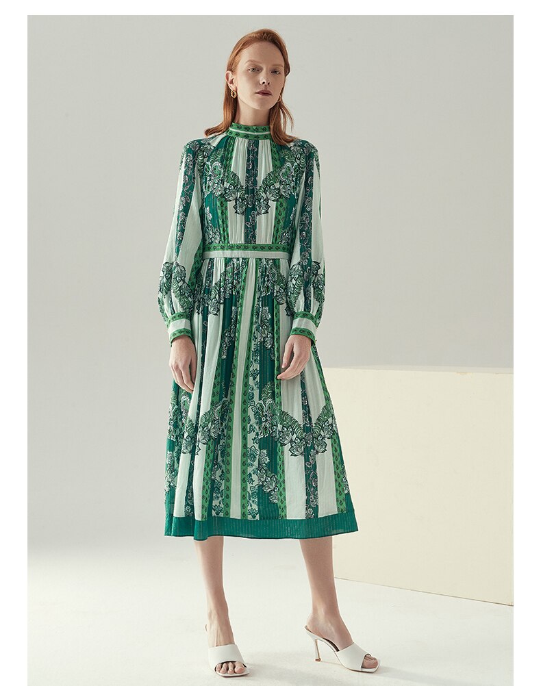 Vintage Printing Office Lady Midi Long Dress Desigern Spring Summer Chic Casual Street Elegant Vestidos Elbise Trendy