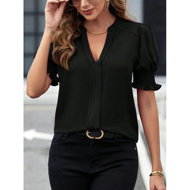 Women's summer new collar style bubble sleeves solid color shirt women's top