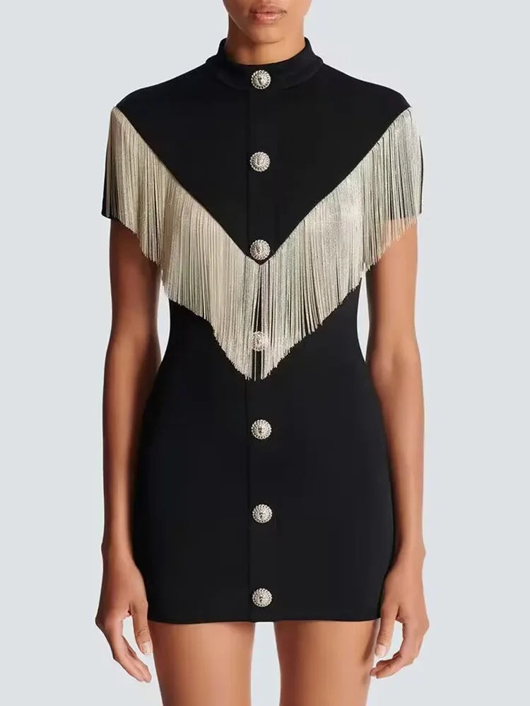 Summer Fashion Women's Black Sexy Button Tassel Short Sleeved O-Neck Decorative Bandage Mini Dress Bodycon Celebrity Dress