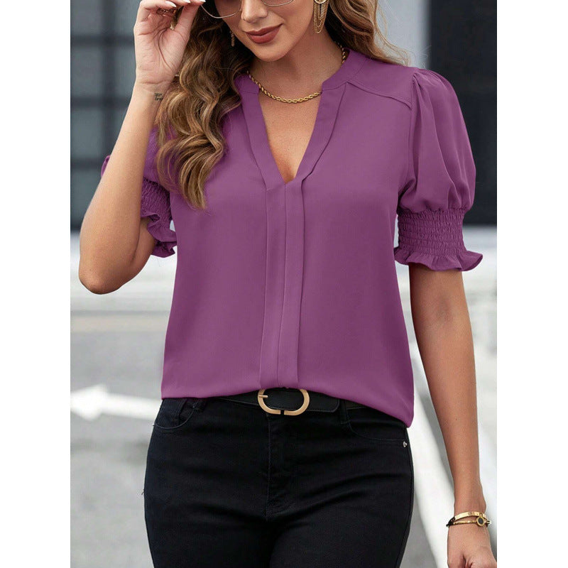 Women's summer new collar style bubble sleeves solid color shirt women's top