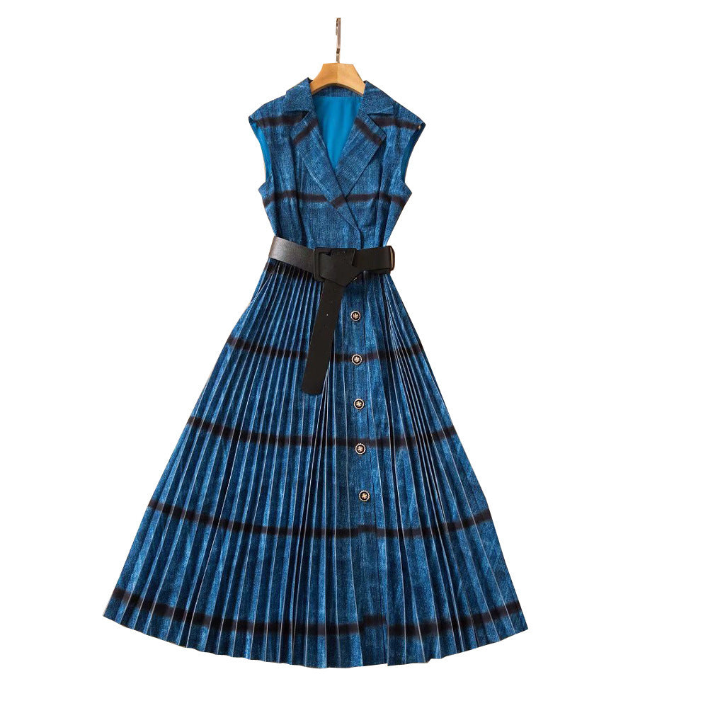 Spring Summer Women's Lapel Sleeveless Blue Nipped Waist Hem Pleated Skirt with Belt