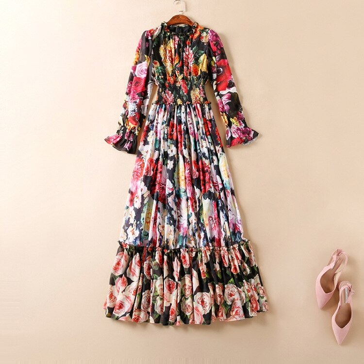 Tingfly Summer Haut Plus Size Maxi Dress Women Elastic Waist Tiered Layers Hem Rose Floral Print Vintage Elegant Long Dress