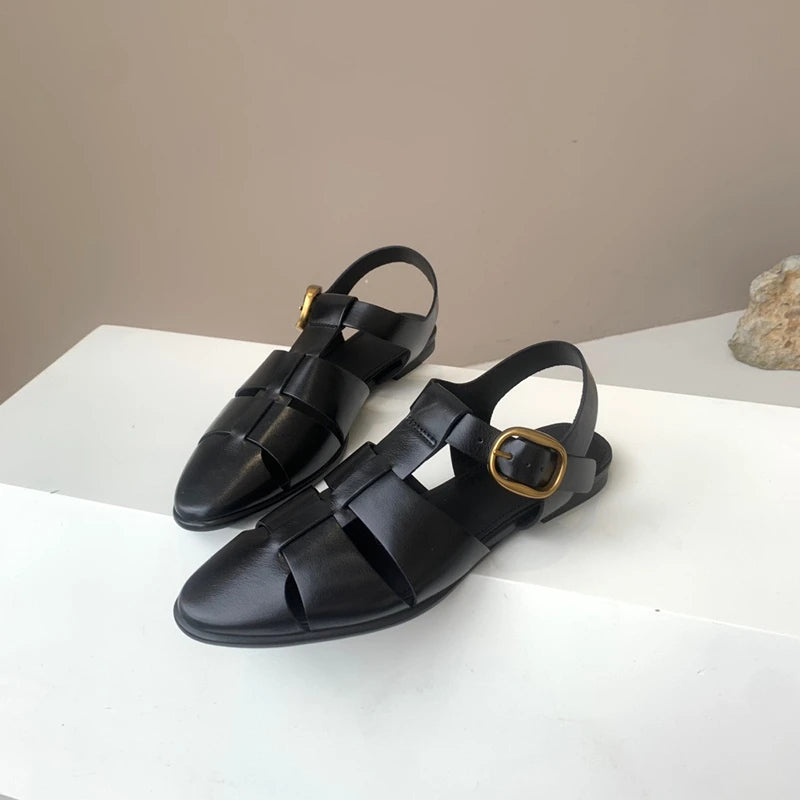 Genuine Leather Comfortable Pointed Toe Flat Sandals Women Fashion Ladies Summer Retro Hollow Roman Sandals