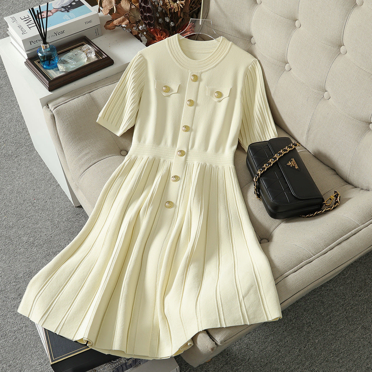 Summer new style small fragrant dress with French temperament niche design pocket curved bead knitted skirt