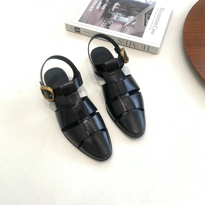 Genuine Leather Comfortable Pointed Toe Flat Sandals Women Fashion Ladies Summer Retro Hollow Roman Sandals